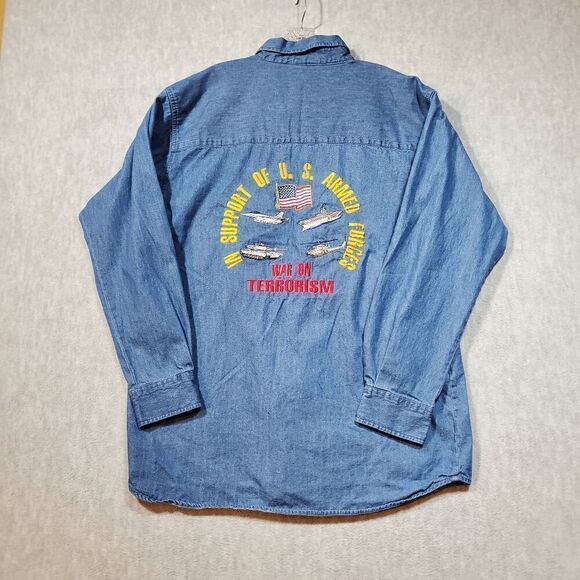 Vtg 1250 North Shirt Mens Large Blue Denim U.S. Army Amwrican Flag Button Down - Picture 9 of 10